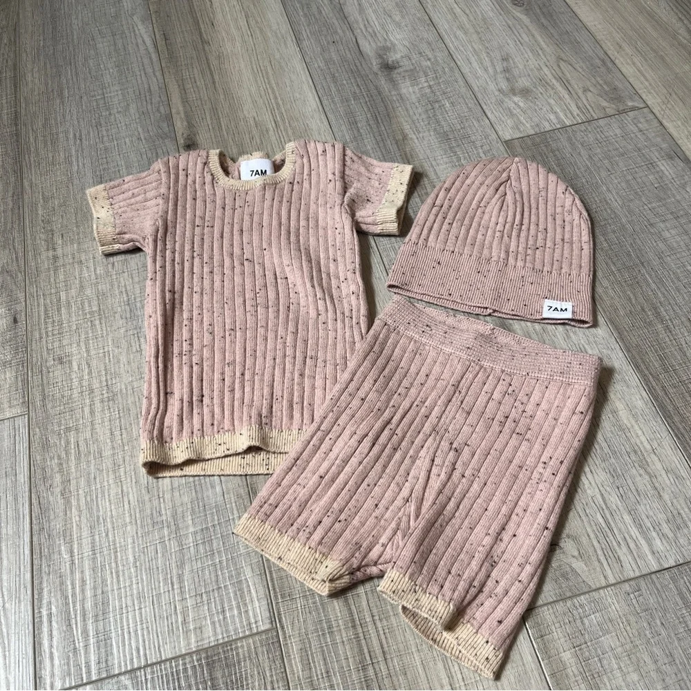 7 AM Grey Short Sleeve Top, Biker Shorts & Hat Set - Cozy Ribbed Knit 9-12 month